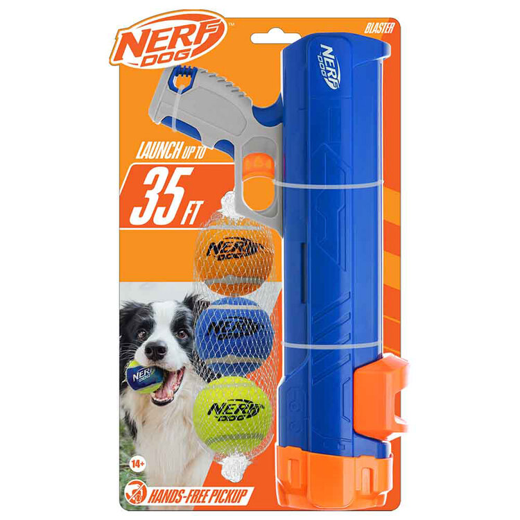 NERF DOG Hračka pro psy Blaster 30 cm bez klipu na míček + 3 ks pískacích tenisových míčků 5 cm NERF DOG
