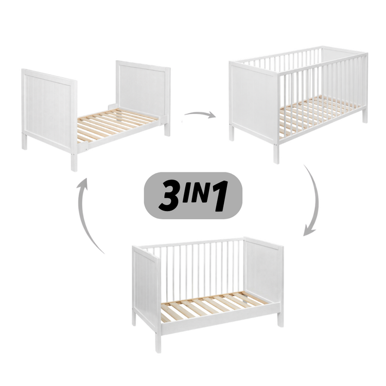 PETITE&MARS Postýlka dřevěná Mila 3 in 1 White Wood 120x60 cm Petite&Mars