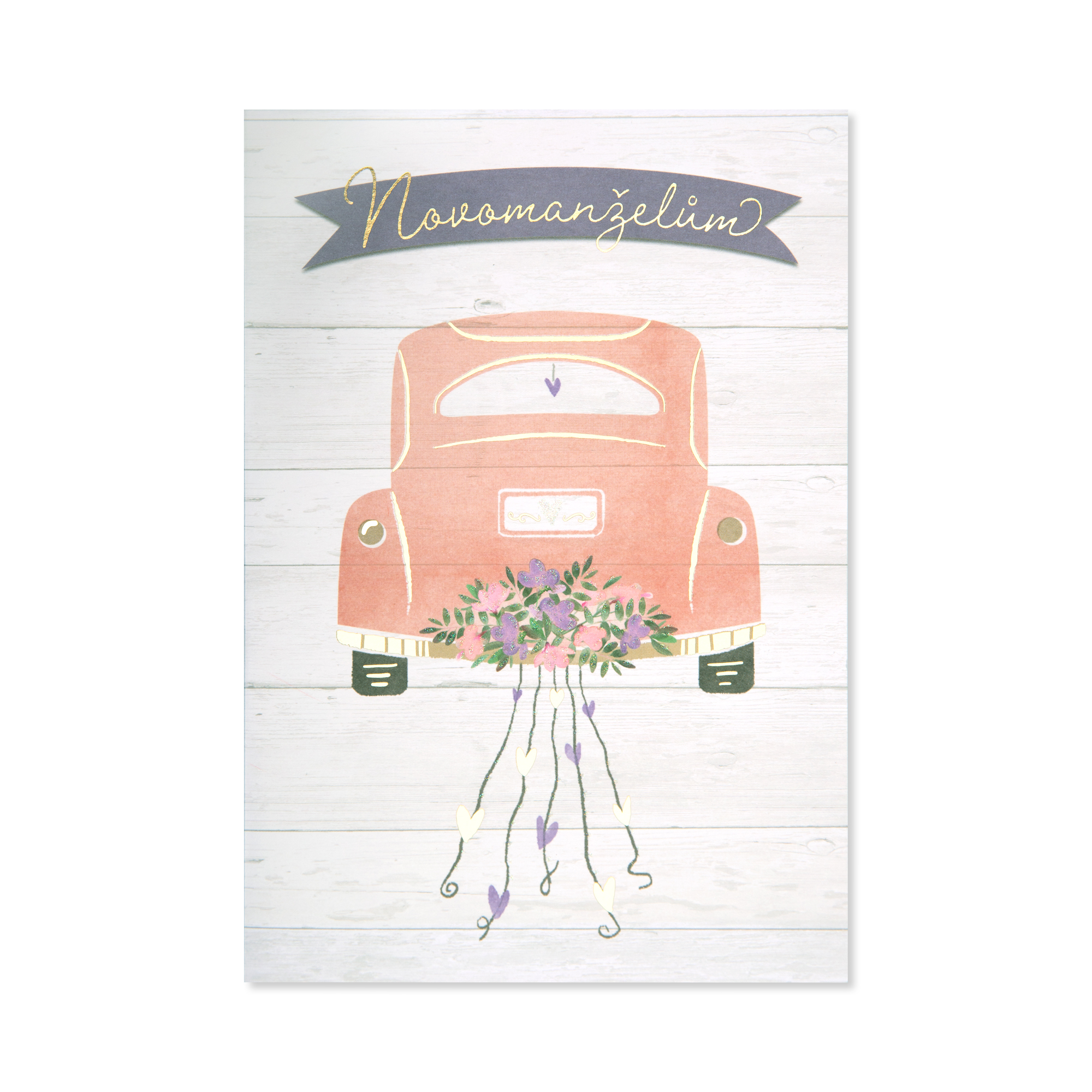 Svatební přání - Růžové auto s květy a srdíčky Albi Albi